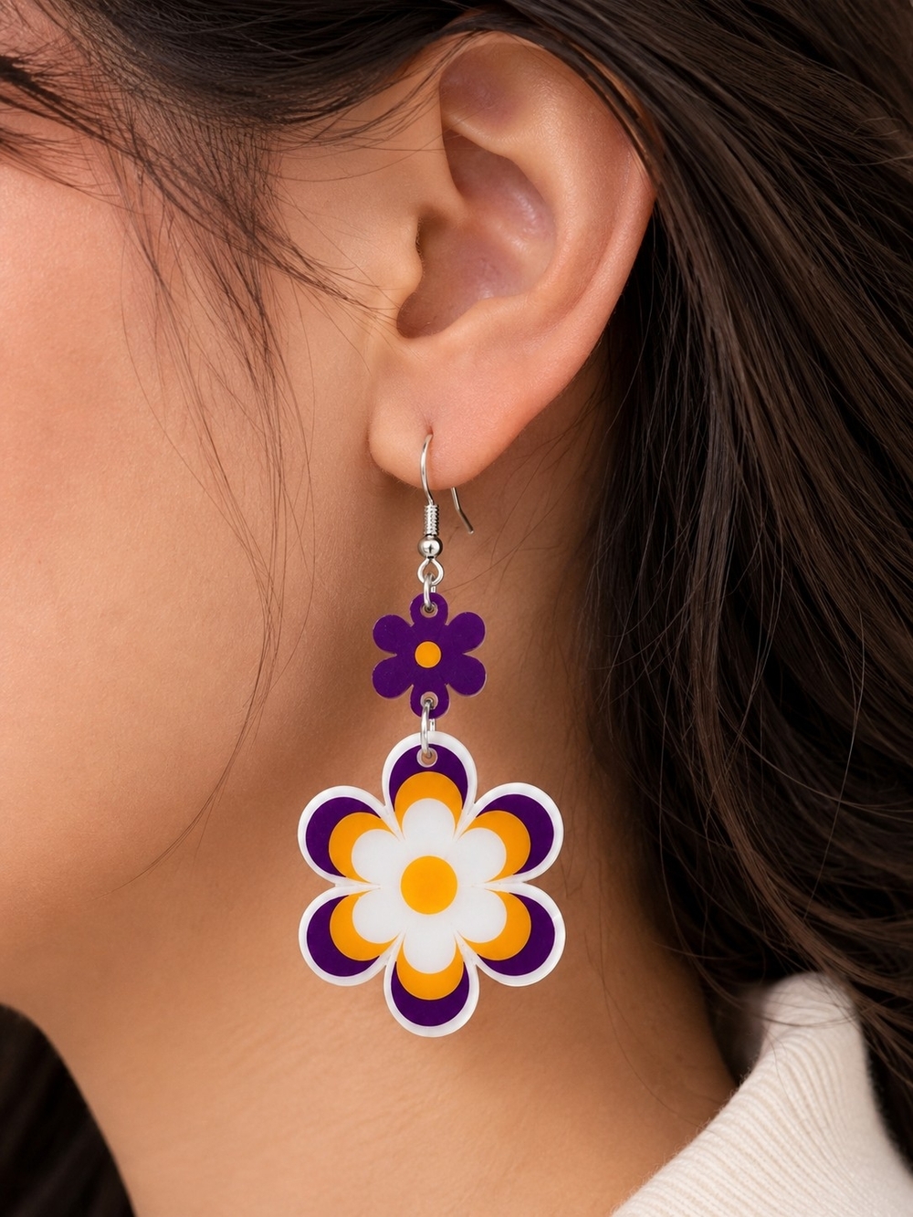 Stylish Purple & Yellow Daisy Flower Dangle Drop Earrings New